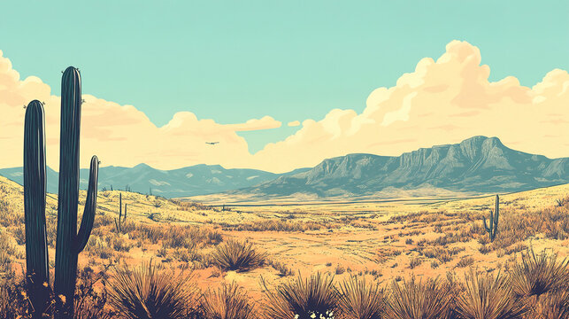 Minimalist Vintage Western Landscape Illustration: Rustic Desert Scene, Cowboy Art Print, Retro Western Graphic, Simple Western Artwork, Old West Illustration.
