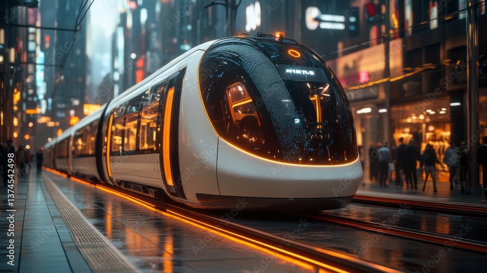 Poster a sleek maglev train waits at a bustling railway station, illuminated by city lights reflecting off 