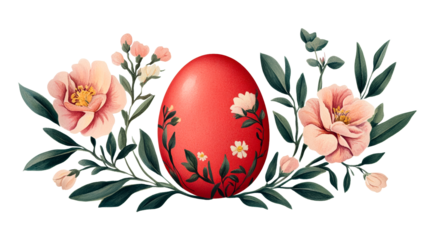 Red Egg and Flowers Artwork, Floral Adornment, Springtime Celebration, cut out transparent