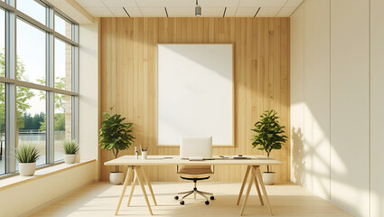 Modern executive office bathed in soft ambient lighting, featuring a large blank poster mockup. Chair and an artistic floor lamp casting subtle shadows.