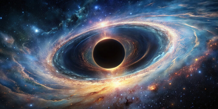 Vast cosmic landscape showcases a black hole at its center, surrounded by swirling gas and brilliant light. Stars twinkle in the backdrop, revealing the wonders of the universe