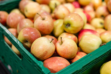 Close-up of organic farm apples in the market for sale in crates.
