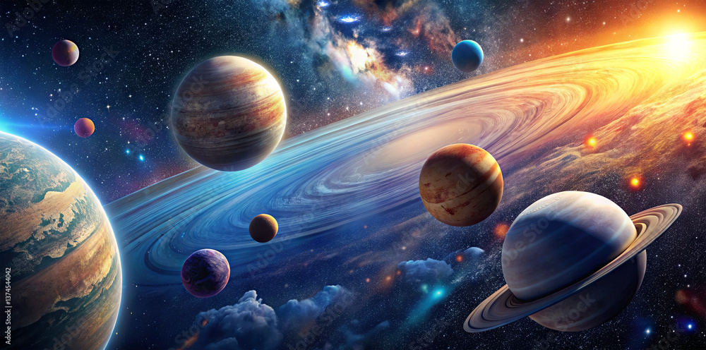 Poster a vast expanse of space reveals a stunning array of planets, each unique in color and texture, surro