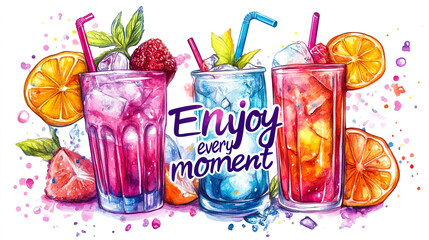 Vibrant Cocktail Sticker: Tropical Drink Decal, Refreshing Summer Beverage Art, Fun Party Decoration, Colorful Bar Illustration, White Background Design.
