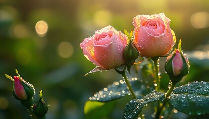 Two pink roses glistening with morning dew, bathed in soft sunlight. A delicate and romantic scene.