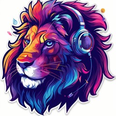 Colorful Lion Head with Headphones – Vibrant Color Gradient Sticker Design