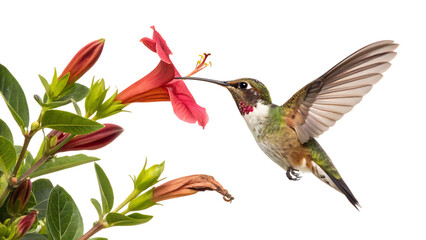 Fototapeta premium hummingbird in flight flower isolated on white background PNG. AI GENERATED