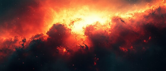 Fototapeta premium Fiery cosmic nebula, vibrant red and orange hues, swirling gas and dust clouds, bright stars scattered throughout. Perfect for science fiction, fantasy, or space-themed projects.