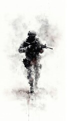 Naklejka premium Soldier with rifle emerging from smoke in the light, wearing tactical gear