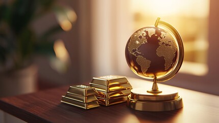 Small Rotating Globe Next to Stacked Gold Bars on a Clean Wooden Desk, Symbolizing Wealth and Global Trade