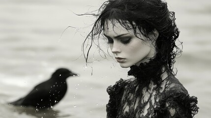 Ethereal woman in water, accompanied by a black bird, gazing downwards in a monochromatic dreamscape
