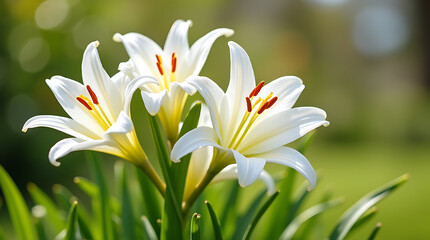 Fototapeta premium White Easter Lilies in Full Bloom Under the Sun in a Lush Garden, Symbolizing Purity and Renewal.