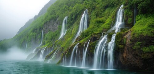 A breathtaking fjord landscape where multiple waterfalls cascade down steep, rocky cliffs covered in lush green vegetation. The mist from the falls rises gently.