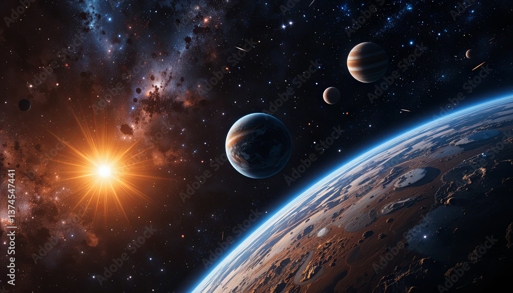 Aufkleber a breathtaking view of multiple planets in orbit around a distant sun, glowing in a colorful galaxy 