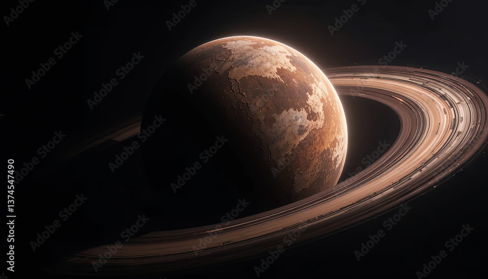 Poster a distant planet with striking rings floats in the vastness of space. its surface displays unique te