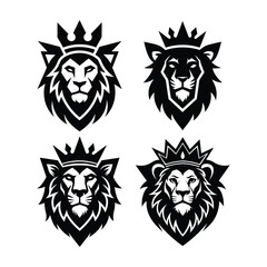 A set of lion head with crown silhouette vector art illustration
