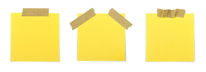 Yellow Paper Post It Notes Attached with Gold Glitter Tape Isolated on White and Png Transparent Background