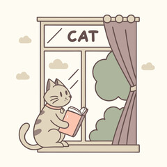 a cat reading book besides the window