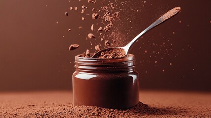 A whimsical setup of a chocolate jar with a tiny spoon resting on top, surrounded by floating cocoa powder particles
