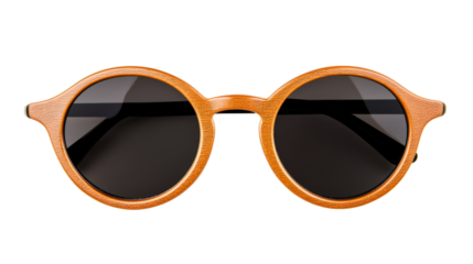 Round wooden sunglasses with dark lenses, front view, isolated, cut out transparent