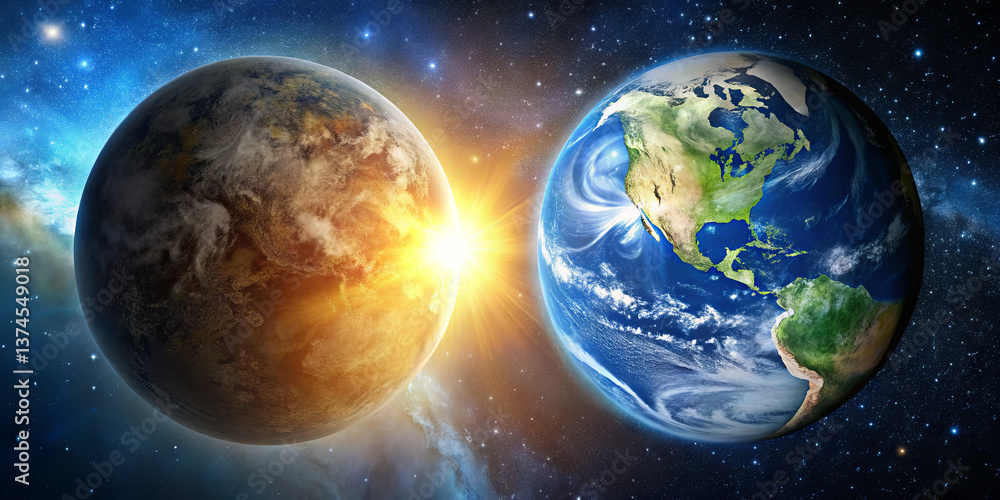 Poster two planets are shown side by side in a cosmic environment. earth displays its recognizable features