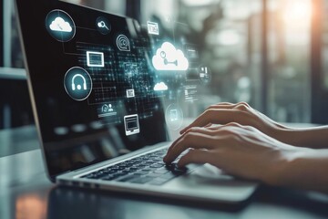 Professional setting with laptop and cloud computing icons, ideal for custom text or logo display