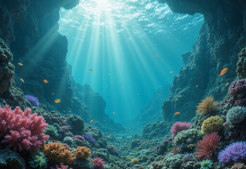 Obraz premium lush alien planet, vibrant underwater world, bioluminescent marine life, sprawling coral forests, colorful aquatic flora, ethereal sky filled with surreal clouds, diverse alien creatures swimming