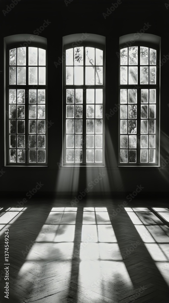 Poster light streaming through large windows creates captivating shadows in an empty room