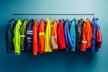 Vibrant high visibility jacket and coat collection on blue background for safety workwear display