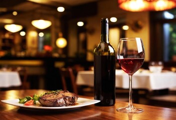 Fototapeta premium A beautifully set table showcases a succulent steak, greens, and red wine, inviting indulgence.