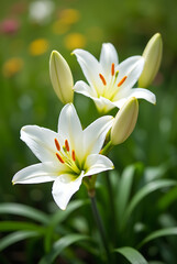 Fototapeta premium White Easter Lilies in Full Bloom Under the Sun in a Lush Garden, Symbolizing Purity and Renewal.