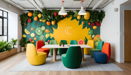 Modern office space with fruit theme design and colorful furniture
