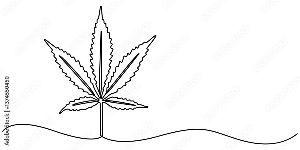 Poster cannabis leaf continuous line art. marijuana in minimalist style. one line art, continuous one line 