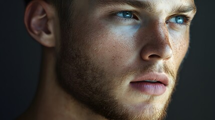 Obraz premium Close-up portrait of young man with blue eyes and light beard looking away. 