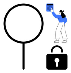 Magnifying glass, woman using calculator, and padlock emphasize analysis, encryption, privacy, and data protection. Ideal for cybersecurity, finance, auditing investigation problem-solving search