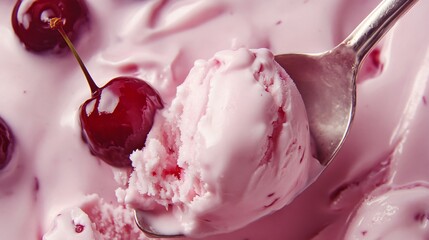 A spoonful of cherry ice cream with a bite taken out, creamy texture emphasized, macro close-up