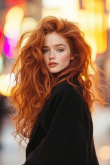 Naklejka premium A woman with long red hair standing in the middle of a city
