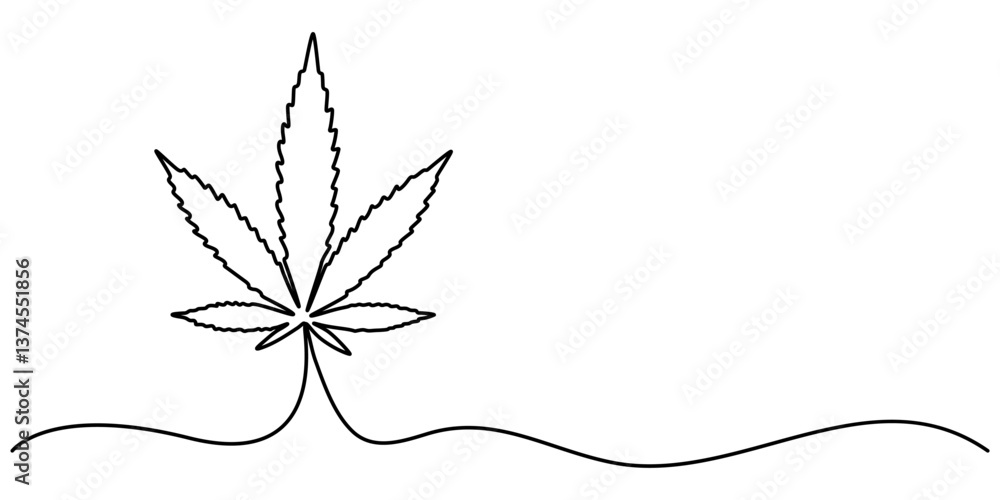 Poster cannabis leaf continuous line art. marijuana in minimalist style. one line art, continuous one line 