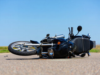 Black motorcycle accident on road surface under clear blue sky