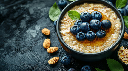Bowl of blueberry and almond porridge with honey on a dark wooden background, close-up view. Diner style. Studio shot.