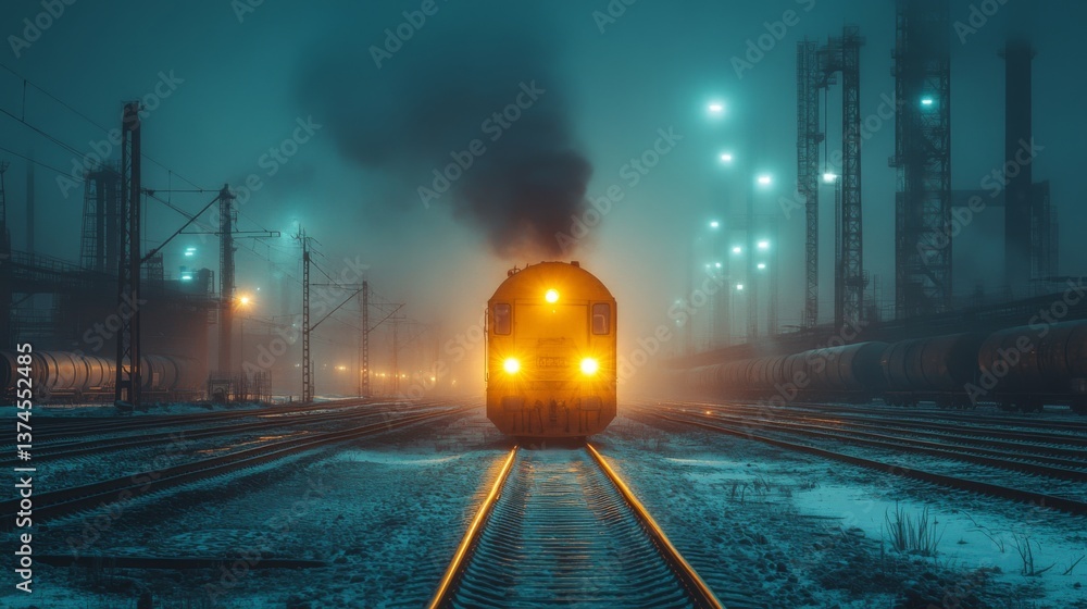 Aufkleber A train with bright lights travels along tracks in a foggy industrial setting. The atmosphere is illuminated by ambient lights from surrounding structures, highlighting the logistics activity.