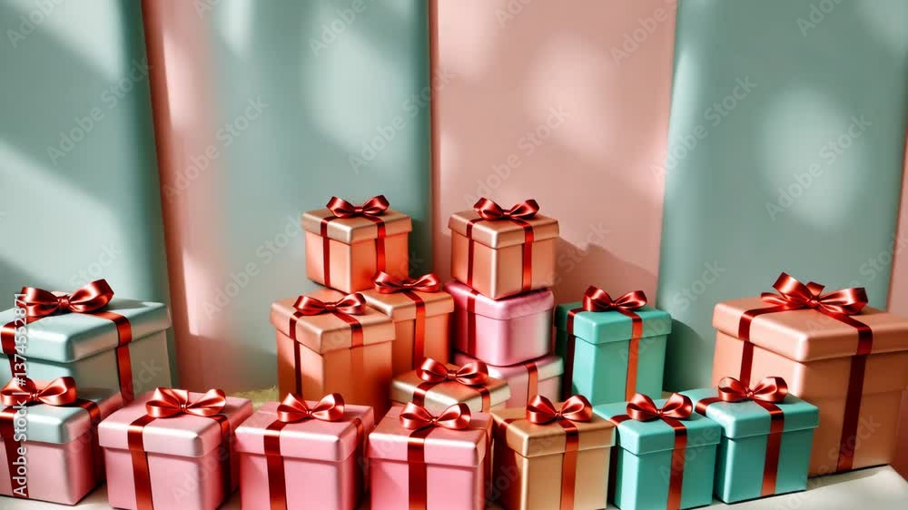 Aufkleber A stack of colorful boxes with pink bows on them. The boxes are of different sizes and colors