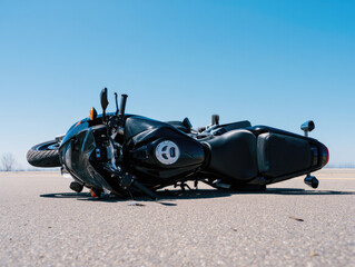 Black motorcycle lying on asphalt under clear blue sky
