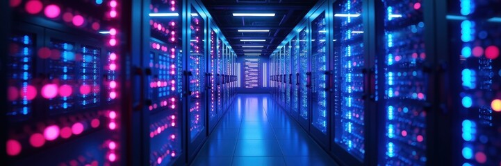 Futuristic data center hallway illuminated with vibrant blue and pink lights, showcasing rows of servers for advanced technology and computing solutions.