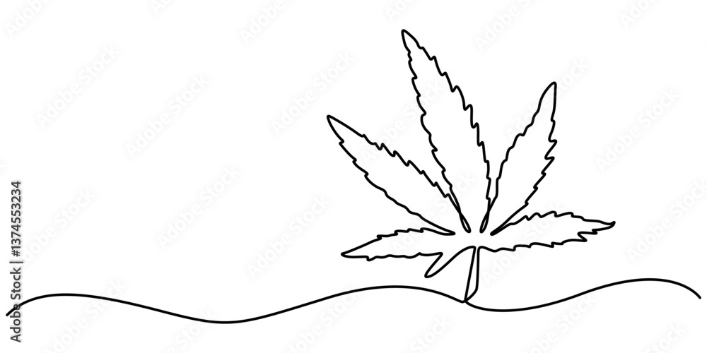 Poster cannabis leaf continuous line art. marijuana in minimalist style. one line art, continuous one line 