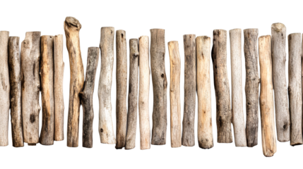 Driftwood logs arrangement pattern isolated against dark backdrop, cut out transparent