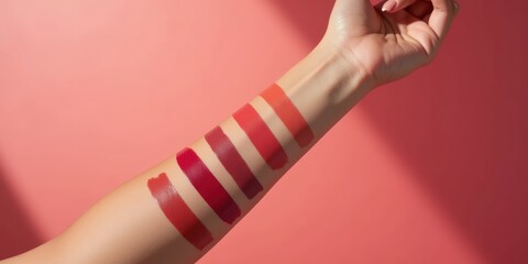 A close-up view of a hand displaying vibrant lip color swatches on a forearm against a soft pink backdrop, ideal for beauty and cosmetic marketing.