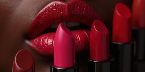 A close-up of vibrant red lipsticks showcasing a bold, glossy lip look, perfect for beauty marketing, cosmetics branding, and fashion imagery.