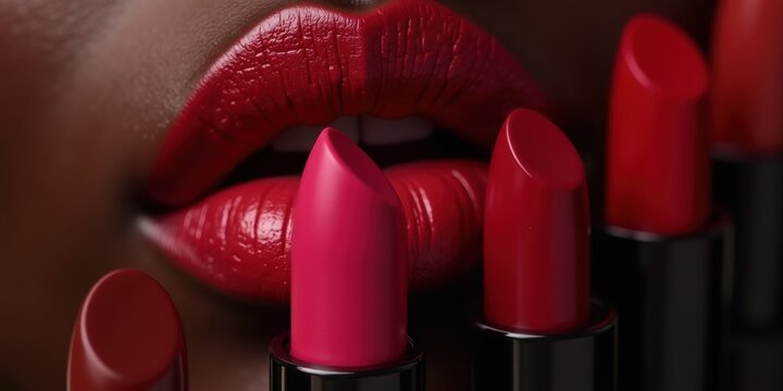 A close-up of vibrant red lipsticks showcasing a bold, glossy lip look, perfect for beauty marketing, cosmetics branding, and fashion imagery.