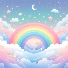 Pastel Rainbow Stars: Whimsical Cloud Sky, Children Illustration, Greeting Card, Fantasy Art, Soft Colors.